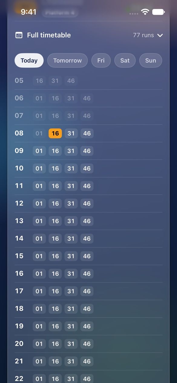 A line's full timetable: departures listed by hour from 05 to 22, with tabs for Today, Tomorrow, Friday, Saturday and Sunday and the next run highlighted.